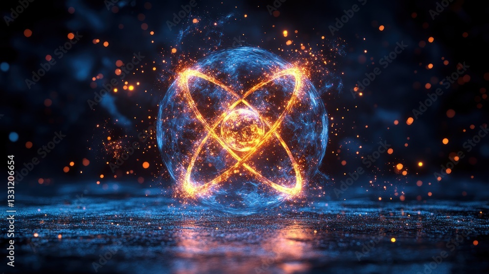 Poster glowing atom model with energy particles.
