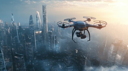 A sleek drone captures aerial footage of a futuristic cityscape during sunset, showcasing towering skyscrapers and a vibrant skyline amidst a backdrop of clouds