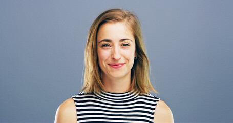 Professional, happy and portrait of woman in studio for staff ID, company card and about us. Business, mockup space and face of isolated person for career, job or employee profile on blue background