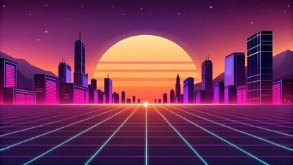 Retro background futuristic landscape 1980s style. Vector perspective grid. 80s sci-fi or game style. Retro neon background