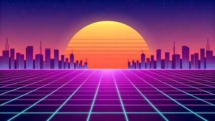 Retro background futuristic landscape 1980s style. Vector perspective grid. 80s sci-fi or game style. Retro neon background