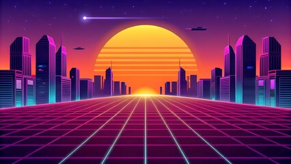 Retro background futuristic landscape 1980s style. Vector perspective grid. 80s sci-fi or game style. Retro neon background