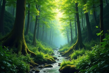Obraz premium Sunlight Filters Through a Lush Green Forest Canopy, Illuminating a Serene Stream Flowing Over Moss-Covered Rocks, Creating a Peaceful and Vibrant Natural Scene