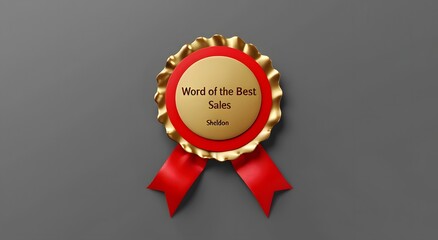 Word of the Best Sales Ribbon Award with Red Ribbon and Golden Edge on Grey