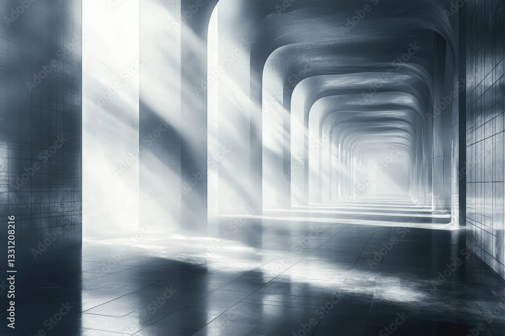 Aufkleber sunbeams illuminate a long, arched hallway with concrete pillars and a reflective floor, creating a 
