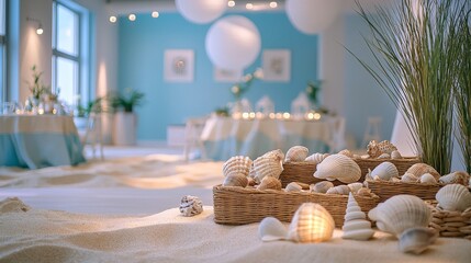 Beach-themed wedding banquet hall with nautical decor, blue and white color palette, seashell centerpieces, sand floor effect