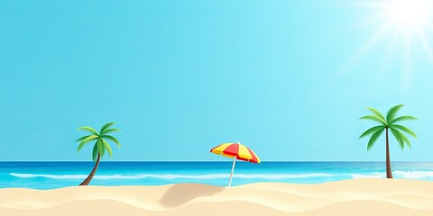 Obraz premium Relaxing Tropical Beach Scene with Bright Umbrella and Lush Palm Trees Under a Clear Blue Sky