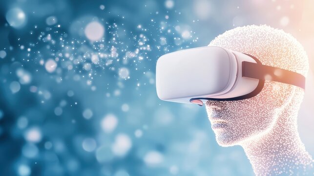 Brain with Tech Elements Brain wearing a virtual reality headset, immersed in a digital world, representing the merging of human consciousness and technology.
