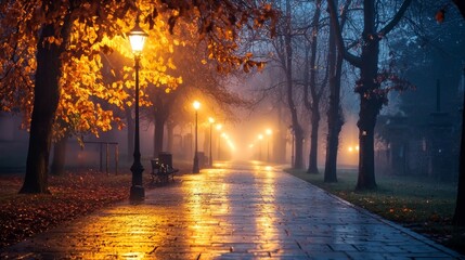 Charming city street on a winter night, vibrant reflections on wet pavement, foggy air creating a dreamy glow around the streetlights