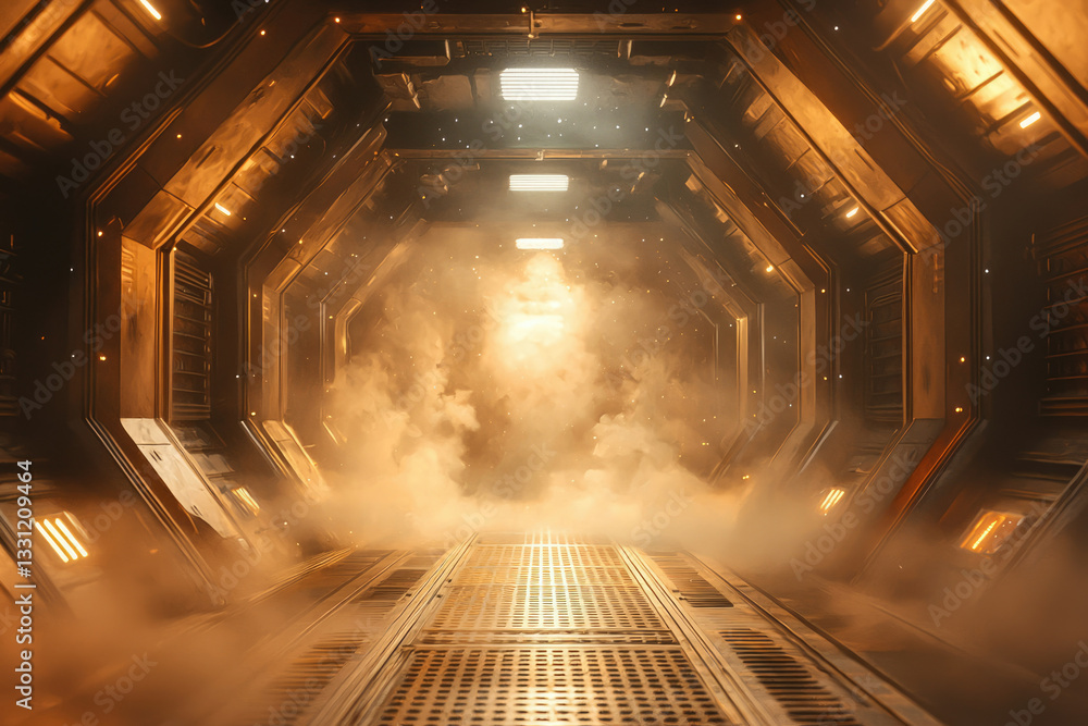 Poster a smoky, futuristic metallic corridor glows with warm light, hinting at a spaceship or space station