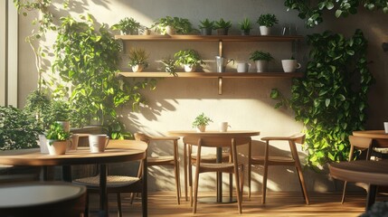 Fototapeta premium Sunny cafe interior with plants