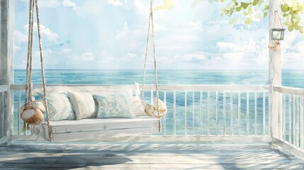 Coastal balcony with a white wooden swing, sea shells hanging from the railing, ocean view, nautical theme, soft watercolor texture
