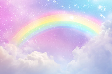 Naklejka premium A dreamy, pastel rainbow in fluffy clouds with a magical, ethereal feel. Perfect for whimsical and fantasy-themed visuals.