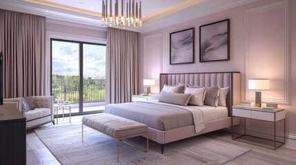 Fototapeta premium Contemporary bedroom with soft pink walls, geometric art frames, sleek furniture, glowing ambient lighting, elegant simplicity