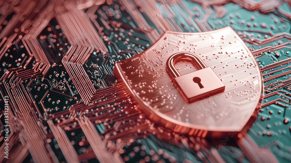 Poster firewall and shield icons a metallic shield with a padlock icon in the center, superimposed over a d