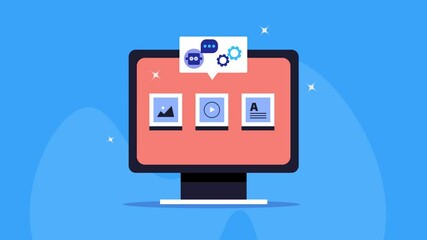 Automated content creation process, chatbot creates content generative AI technology, business solution. Multi content format on computer screen.