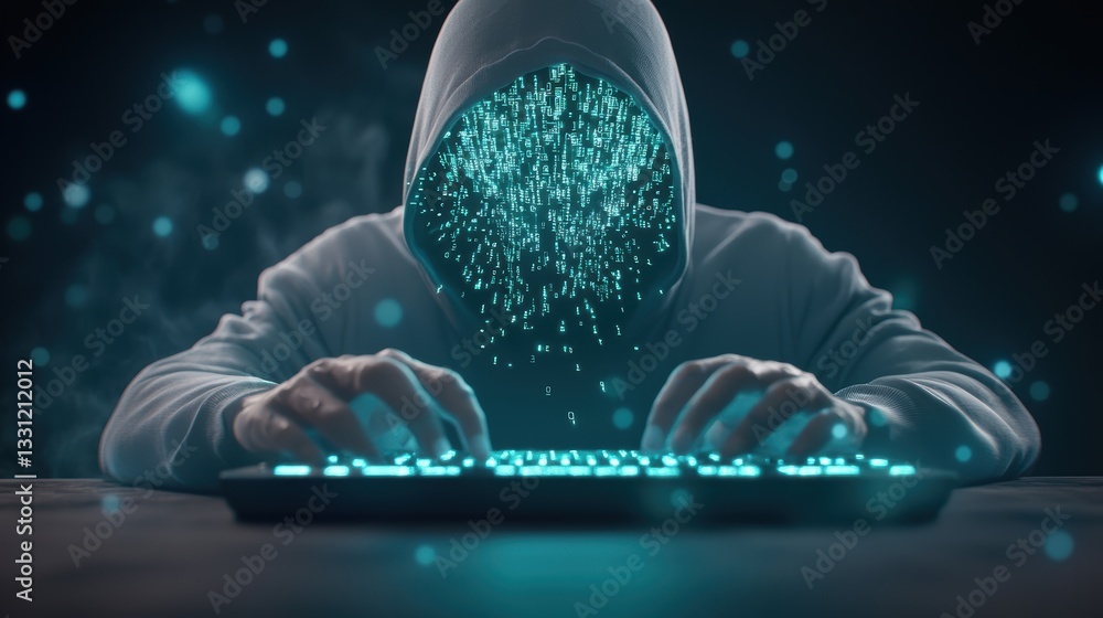 Poster hacker activity and system breaches a hooded figure typing on a keyboard in a dark room, with lines 