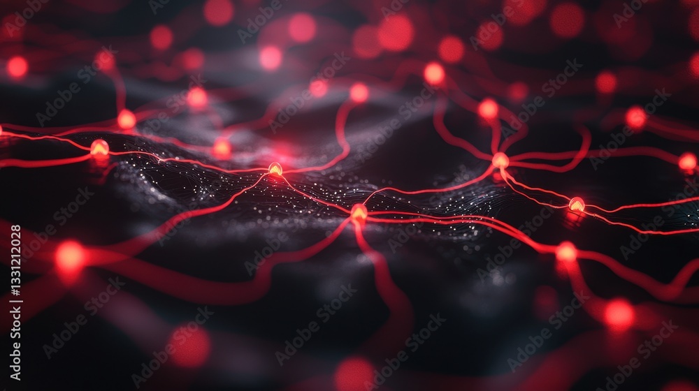 Poster hacker activity and system breaches a network map with flashing red nodes, indicating compromised sy