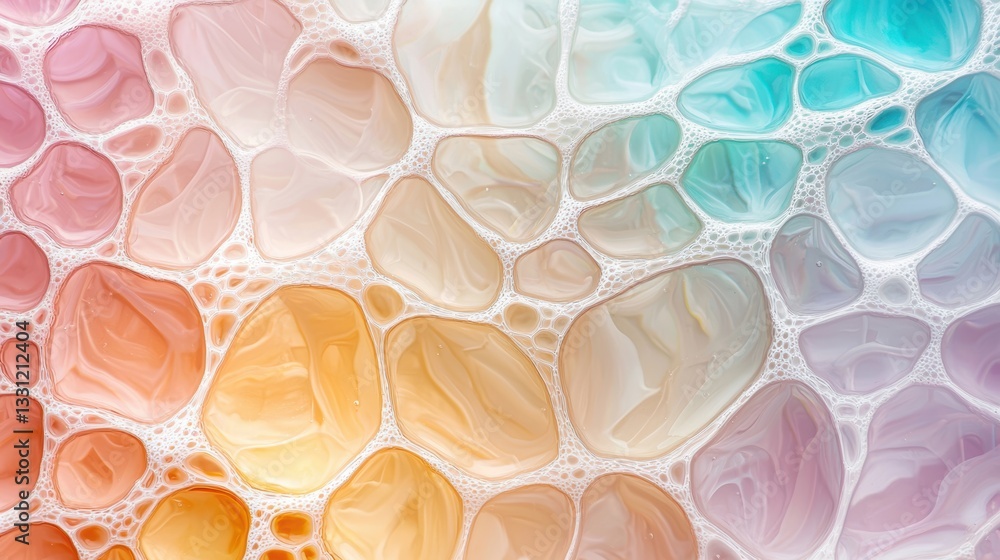 Poster oil and water interaction close up of colorful oil bubbles floating on the surface of water, creatin