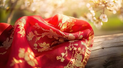Vibrant red silk scarf with golden embroidery, symbolizing youth and vitality, set against a warm spring backdrop.