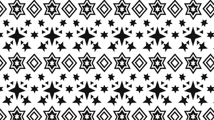 A black and white vector pattern with symmetrical geometric shapes, including stars and triangles, arranged in a repetitive layout that creates a sense of symmetry and order.