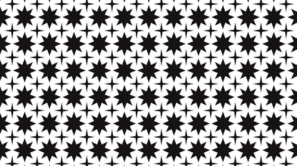 A black and white vector pattern with symmetrical geometric shapes, including stars and triangles, arranged in a repetitive layout that creates a sense of symmetry and order.