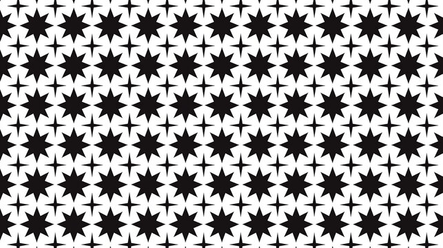 A black and white vector pattern with symmetrical geometric shapes, including stars and triangles, arranged in a repetitive layout that creates a sense of symmetry and order.