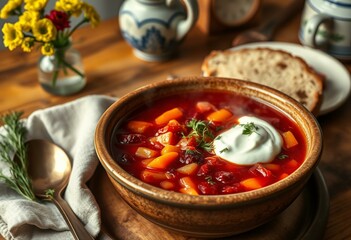 Steaming hot Borscht with sour cream and fresh dill