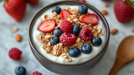 Delicious and Healthy Yogurt Parfait with Berries Granola and Almonds