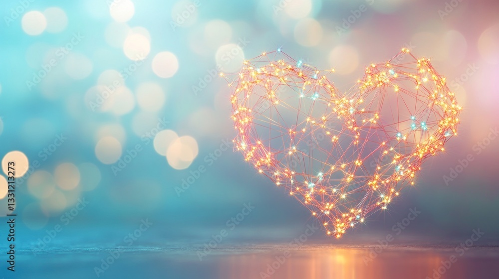 Fototapete Glowing heart shape formed by connected lines and lights on a bokeh background.