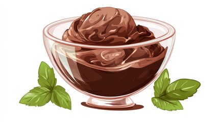 Chocolate ice cream in glass bowl with mint leaves. Illustration. Dessert