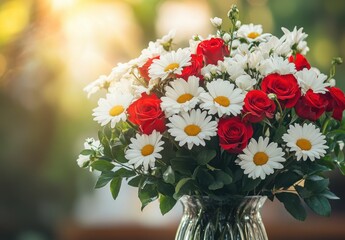Beautiful Bouquet of Red Roses and White Daisies in a Glass Vase with Soft Natural Light in the Background for Floral Decor and Gift Inspiration