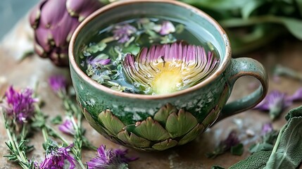 Artichoke tea in a cup artichoke cut in half and flower stems
