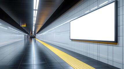 Modern Subway Station Corridor with Bright Lighting, Yellow Safety Line, Blank Advertisement Board, and Clean White Tiled Walls - A Sleek and Minimalist Design for Urban Transportation Infrastructure