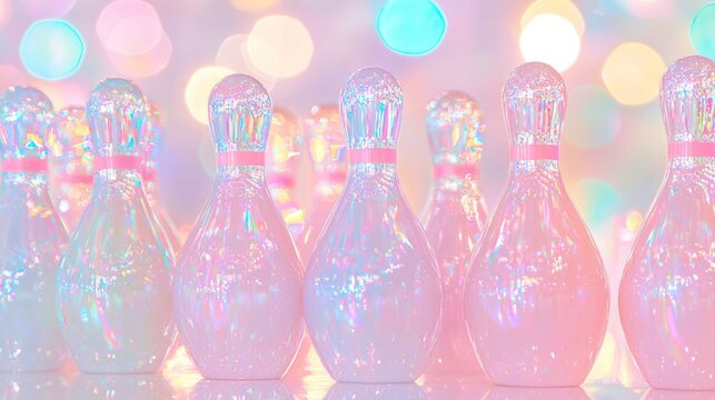 Iridescent bowling pins stand against a colorful, bokeh-filled background