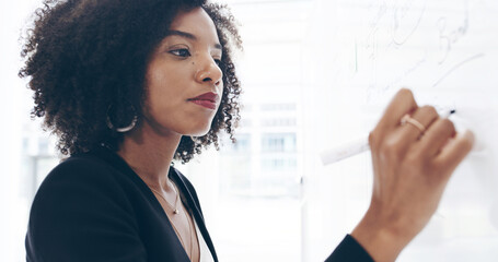 Black woman, writing and finance on board in office with review, budget and solution for revenue...