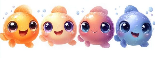 Fototapeta premium Cute kawaii fish with glossy pastel colors and big eyes swimming happily. Generative AI