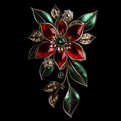 3D flower design with Red and green gemstones, gold leaves and diamonds