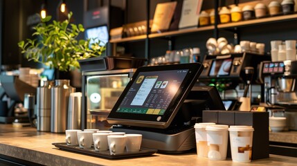 Sophisticated Cafe Counter with Digital Touchscreen Display and Organized Product Shelves for Efficient Customer Service and Stylish Ambiance