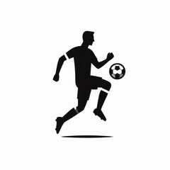 Obraz premium Silhouette of male soccer player jumping and kicking ball isolated on white background. Dynamic sports illustration for design and print