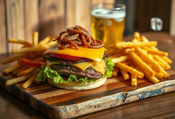 Hambagu on wooden board with fries and beer