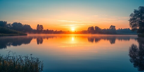Obraz premium Scenic Sunrise over Calm Lake Trees Reflections sky fog art dawn blue mist view
