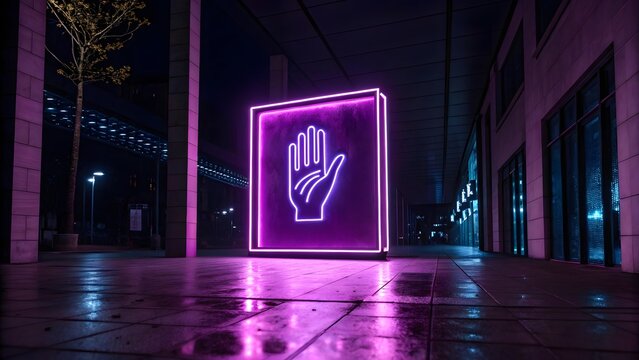 Futuristic Neon Purple Square Illuminates Dark Misty Environment with Outstretched Hand - Sci-Fi and Cyberpunk Abstract Art Exploration