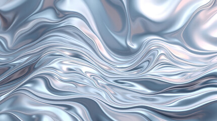 A reflective liquid metal background with smooth, flowing waves in silver, chrome, and iridescent hues. Futuristic and elegant, Created with generative AI.