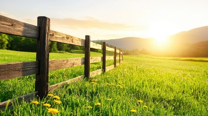 Sunrise over a wooden fence serene meadow nature photography tranquil environment wide angle peaceful landscape