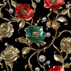 3d render of gold and red or green flowers with diamonds on black background seamless