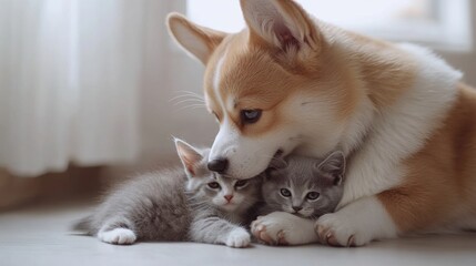 Adorable corgi gently nuzzles two grey kittens. Perfect for pet adoption, animal welfare, or friendship themes.