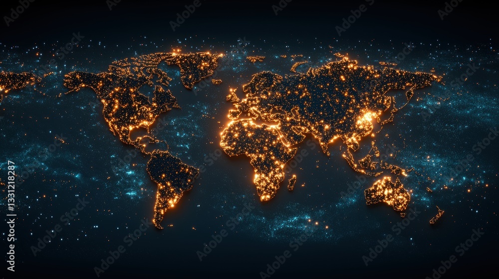 Poster technology and data visualization world map with a technological grid overlay, showcasing data cente