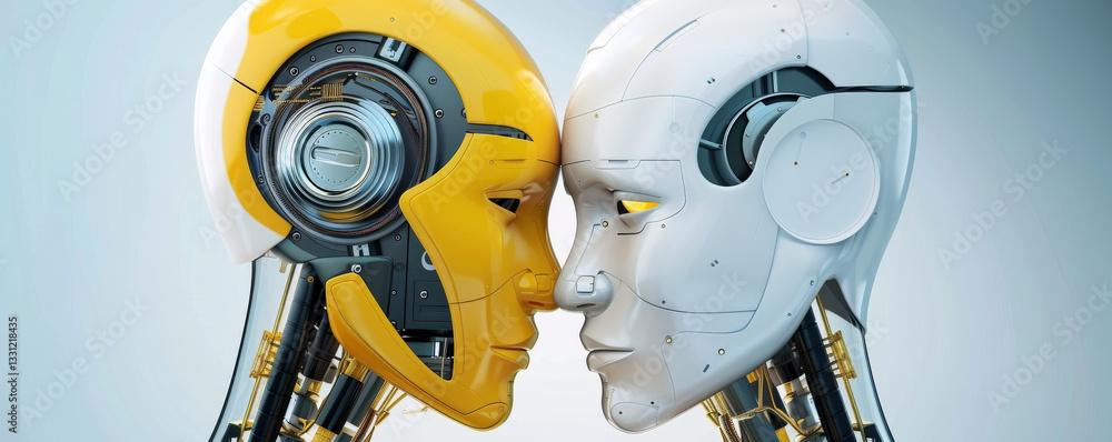 Aufkleber Two futuristic robots with yellow and white faces are touching foreheads, showcasing advanced technology and human like features. intricate design highlights mechanical details and innovation