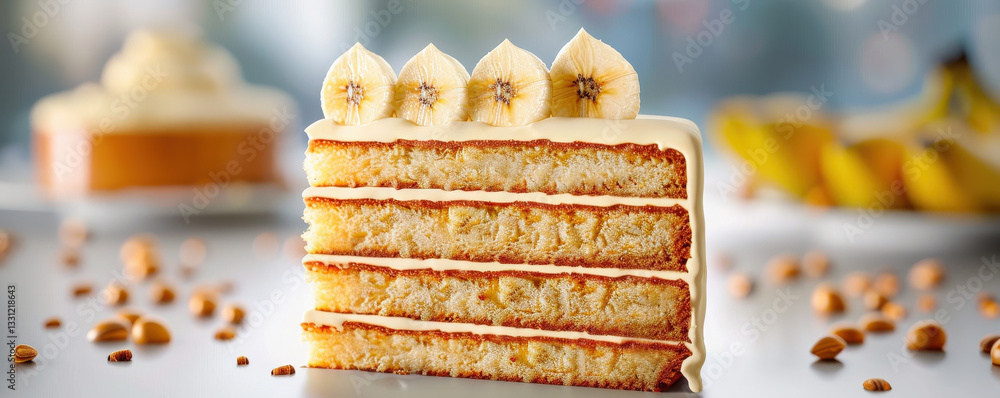 Poster slice of banana cake with whipped cream topping is elegantly presented, featuring layers of moist ca
